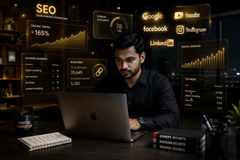 Professional digital marketer working on a laptop in a modern dark office with glowing SEO graphs, backlink analytics, and media platform icons in gold and black tones, cinematic ultra realistic style.